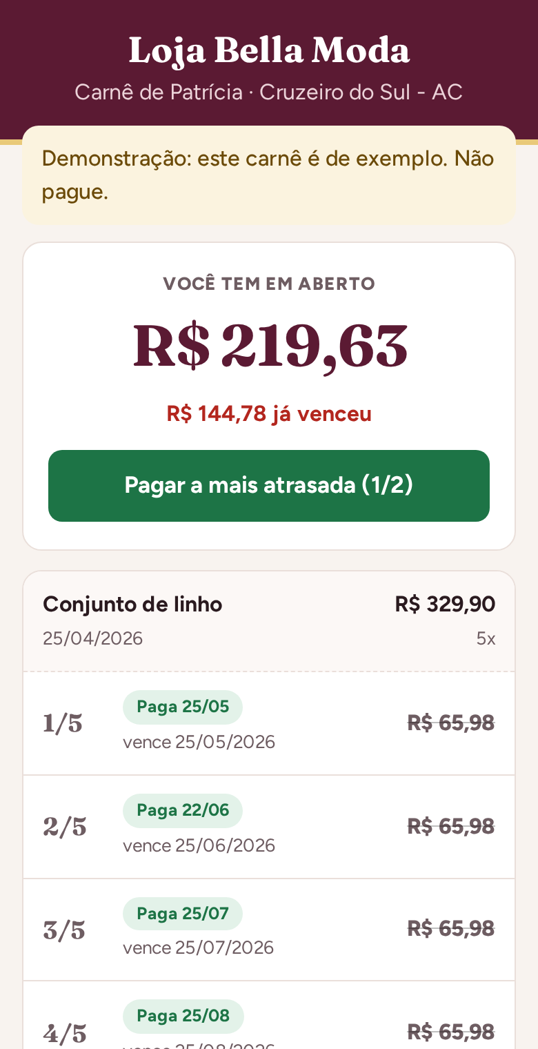 Carnê digital do cliente com as parcelas e o Pix