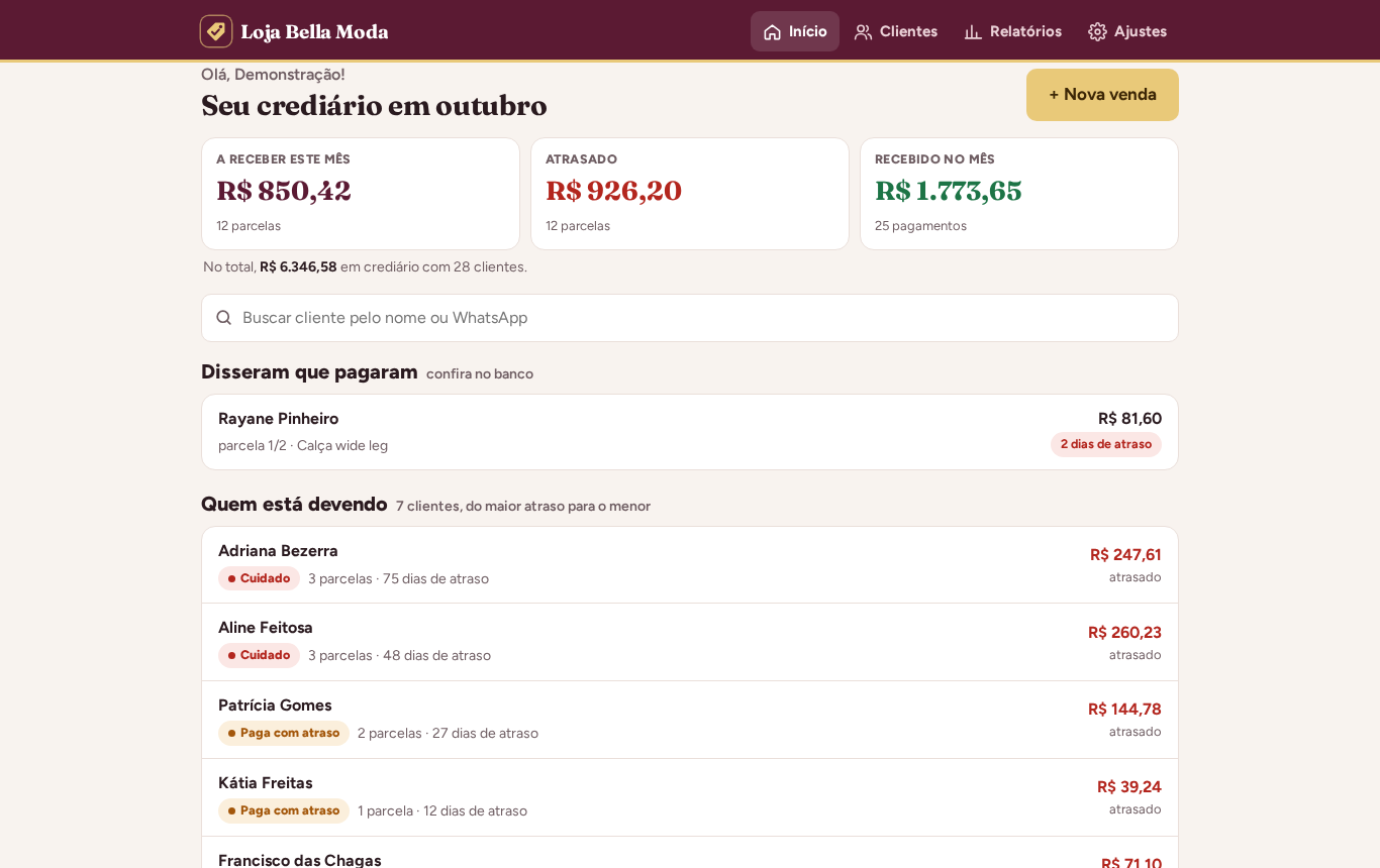 Painel do Crediário em Dia no computador